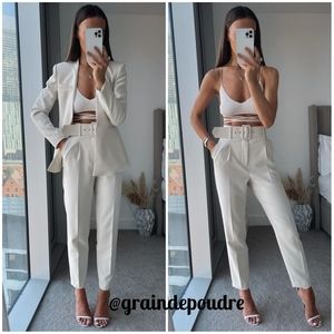 Rare! Zara Blogger Ecru Off White High Waist Belted Trousers XS